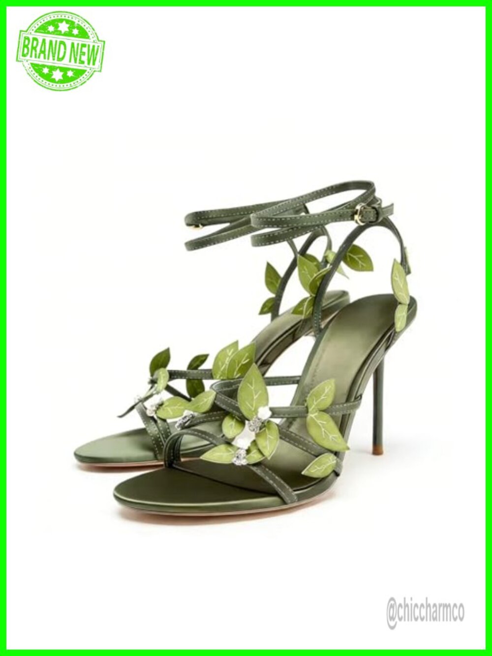 Stiletto Ankle Wrap Strap Sandals 3.93" Heel Leaf Decor Faux Leather - Picture 6 of 6